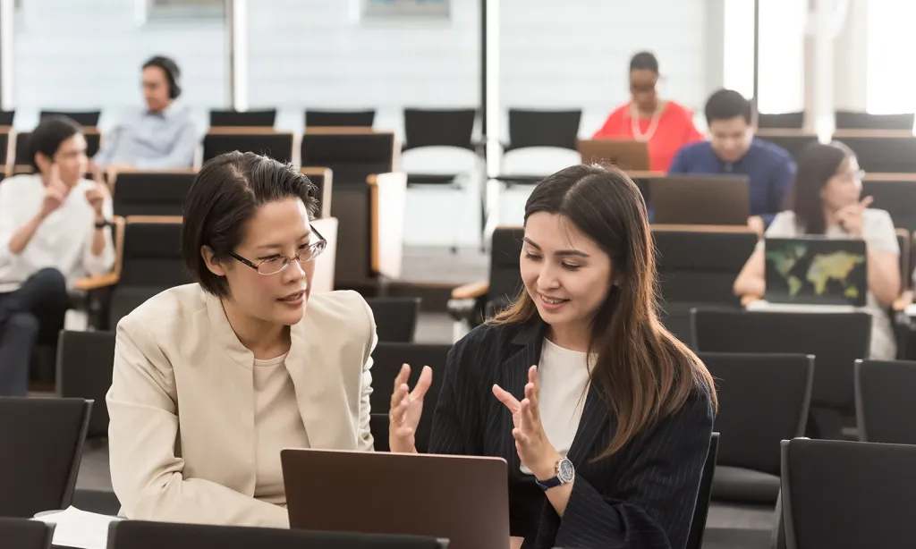 Two female business students collaborating over a laptop in a lecture hall, with peers in the background.