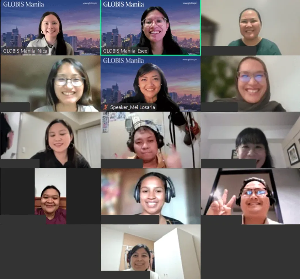 Online session participants smiling for a group photo, speaker Mei Losaria among them.