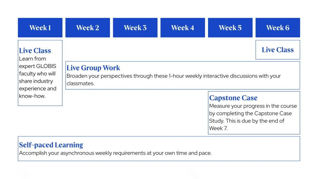 Six-week course schedule showing when each activity runs across Weeks 1 to 6.